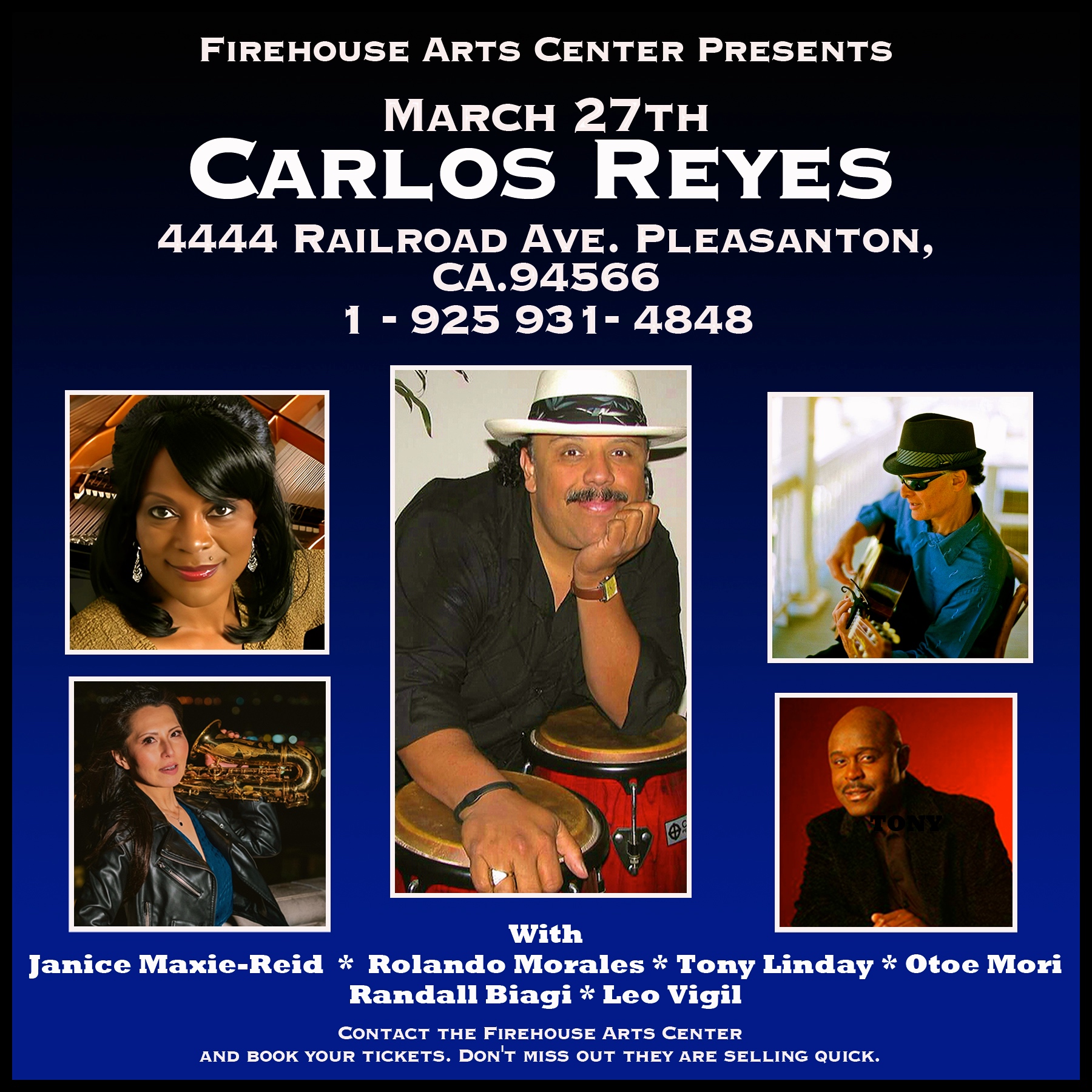 The Firehouse Arts Center presents the Carlos Reyes Band on March 27, 2026 at 7:30 pm.
